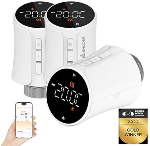 Salcar Termostato de radiador inteligente TRV706W Juego de 3 piezas Termostato WiFi compatible con Amazon Alexa y Google Home programable Termostato de calefacción Tuya Radiador inteligente con