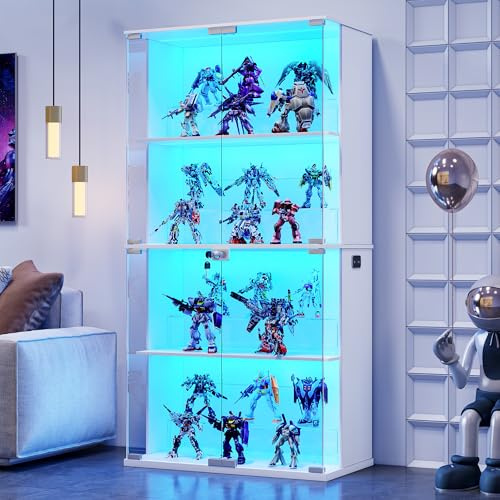 Lvifur Vitrina con iluminación LED y Puertas de Cristal para coleccionables y vinos, 35×70×168 cm, 4 Niveles, con sensores Inteligentes para salón o Dormitorio, Blanca