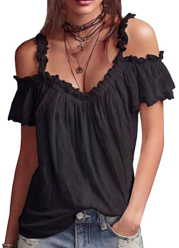 Chemise Femme Été Haut Épaule Nue Manches Courtes Chemisier Décontracté Couleur Unie Chic Et Élégant T-Shirt Blouse Confortable Léger Top Mode Quotidienne pour Vacances