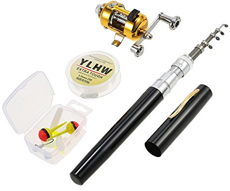 Lixada Mini set combo tascabile telescopico portatile con mulinello da pesca con lenza, esche, ganci, scatola morbida Nero
