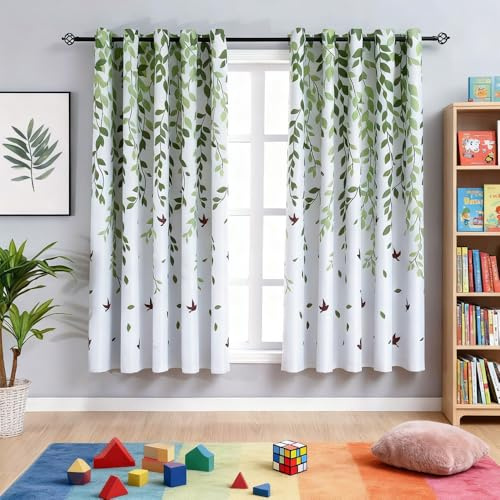 MYRU 2-Panel Leaf & Bird Design Semi-Blackout Curtains for Kids' Rooms - 66x72 Inches Each, Perfect for Boys & Children's Bedrooms - Soft, Stylish & Light Filtering
