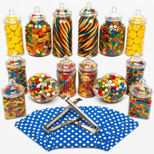 14 Plastic Sweet Jars, 7 Styles, 2 Tongs and 50 Bags. Ideal for Party, Wedding, Sweet Table, Candy Buffet (Dark Blue Polka Dot Bags)