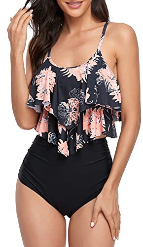 FLYILY Tankini High Waist Damen Zweiteiliger Bikini Set Badeanzug Rüschen Bedruckt Bademode mit Hoher Taille Bikinihose Tankini Oberteil Strandkleidung(1-BlackFlower,M)