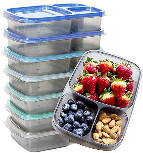 Youngever 7 Sets Bento Lunch Box, Meal Prep Containers, Reusable 3 Compartment Plastic Divided Food Storage Container Boxes