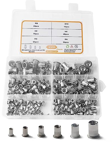 220PCS Écrous Aveugles Ecrou Rivet Ecrous à Riveter Acier Inoxydable Insert ​Fileté Écrou à Sertir Tête Plat M3 M4 M5 M6 M8 M10, de Réparation de Fixation Accessoire