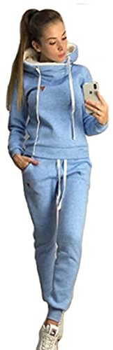 Yutdeng Tuta da Ginnastica Donna Felpe con Cappuccio e Pantaloni 2 Pezzi Invernale Caldo Pullover Tops Lunghi Pigiama Set Casual Jogging Tuta per Tempo Libero Termico Completi Sportivi Blu XL