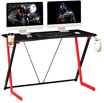 Techly 363814 Scrivania Gaming Ergonomica Tavolo Gioco con Porta Bicchiere e Cuffie Nero/Rosso