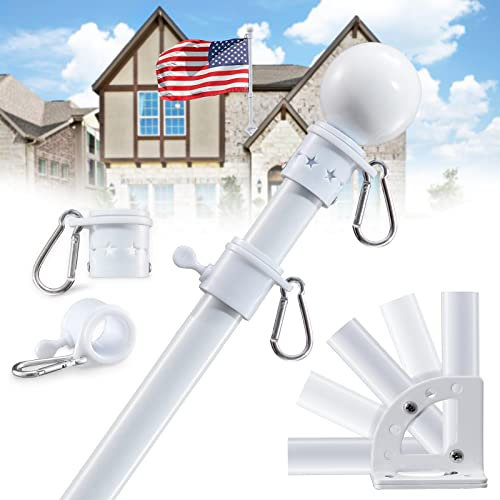 Flag Pole For House With Holder Bracket - 5ft Tangle Free Flag Poles for Outside House,Heavy Duty Flagpole Hardware Kit High Wind Resistant,Metal Flagpoles Residential for Outdoor,Porch,Boat-White