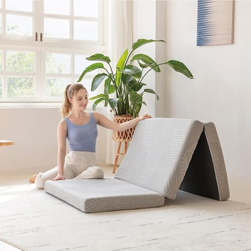 MLILY Tri-Fold Memory Foam Topper, 4 inch Single Folding Mattress Topper with Collapsible and Washable Cover, Travel and Guest Mat, 75×25×4, Grey