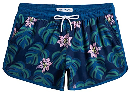 MaaMgic Pantaloncini da Bagno da Donna Pantaloncini da Donna con Tasca in Rete Hotpants ad Asciugatura Rapida Pantaloncini Sportivi Traspiranti Fiori Rosa - Foglie Blu Navy M