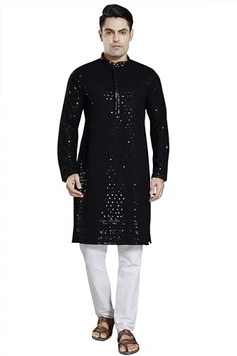 DIVISIVE Pigiama da uomo in misto cotone ricamato con paillettes Slim Fit Kurta, nero, L