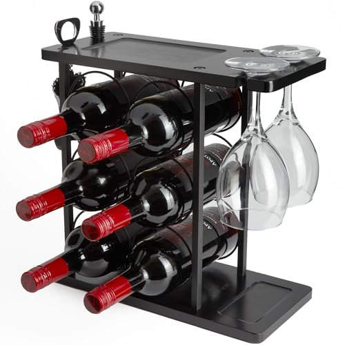Velvet183 6 Bottle Bamboo Wine Rack – Small Wooden Wine Holder for Kitchen Countertop or Bar – Compact Black Wine Storage Stand