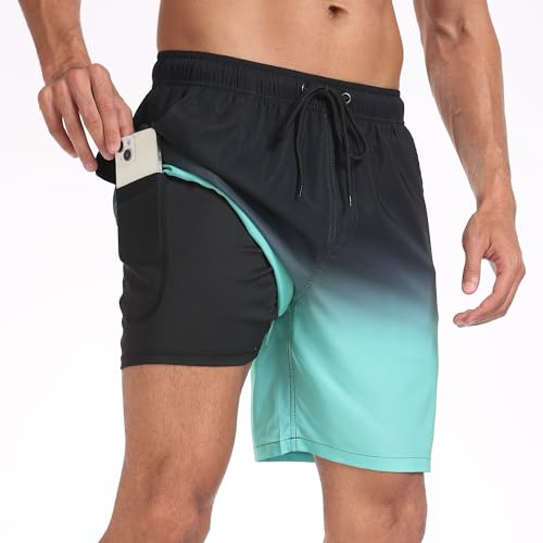 Milaloko Men's Swimming Shorts Quick Dry Swim Trunks Beach Shorts Surfing Boardshorts with Compression Liner and Pockets, Blue, L