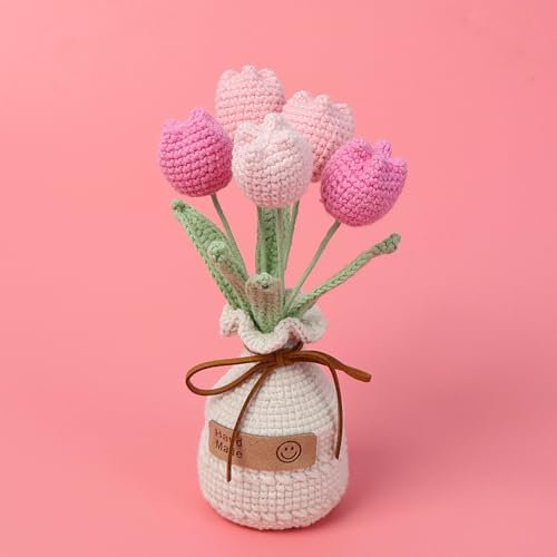 BYVUTE Häkel-Tulpenstrauß-Blumenvase, handgewebte künstliche 5 Blumen, Mini-Pflanze, gestrickter Topf mit Schleife, Dekoration für Büro, Küche, Wohnzimmer, Tisch, Büro, Schlafzimmer (Rosa)