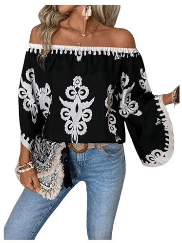 GORGLITTER Women's Off The Shoulder Bell Long Sleeve Top Allover Print Blouse Shirts Black Medium