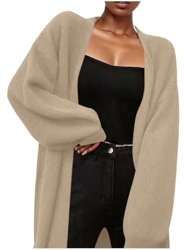 Damen Strickjacke Lang - Einfarbig Langarm Grobstrickjacke mit V-Ausschnitt Knopfleiste, Klassiker Warm Baumwoll Cardigan Norweger für Winter und Herbst