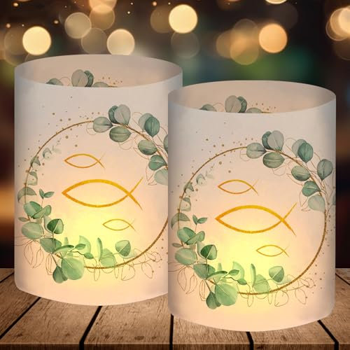 12 portacandele da tavolo per comunione, cresima, battesimo, cresima, cresima, ecc. Decorazione per la prima comunione, eucalipto, verde, decorazione per il battesimo per ragazzi e ragazze, regali per