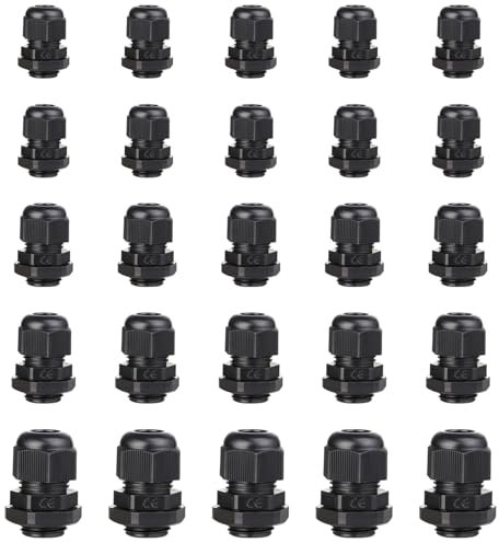 Cable Glands Waterproof Adjustable Cable Gland 3-14 mm Plastic Nylon Cable Connectors Gland Joints Locknut Stuffing Glands PG 7/9/11/13.5/16 for Home Garden Outdoor 25 Pcs Black