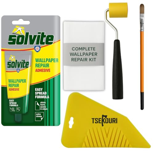 Solvite Wallpaper Repair Adhesive Tube (56g) with Foam Seam Roller, Smoother Tool With 0.9cm Brush & Cleaning Cloth – Complete Wallpaper Repair Set by Tsekouri