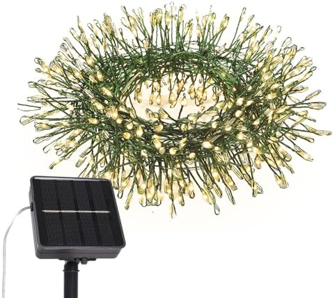 PCORES - Guirnalda luminosa solar LED, 6 m, 200 LED, luces de petardo solares, 8 modos LED impermeable en racimos con alambre de cobre verde, decoración de hadas para pasillo (blanco cálido)