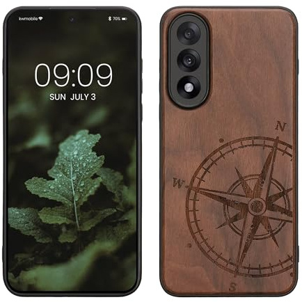 kwmobile Hülle kompatibel mit OnePlus Nord 5 Hülle - Holz Case - Handy Cover - TPU Handyhülle in Dunkelbraun Kompass Vintage