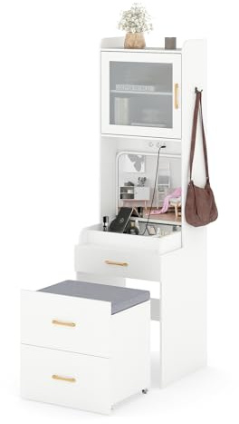 GIANTEX Tavolo da toeletta 3 in 1 con specchio pieghevole, tavolo da trucco con sgabello imbottito con ruote, 2 cassetti, armadio, scomparti, gancio laterale, stazione di ricarica, tavolino compatto