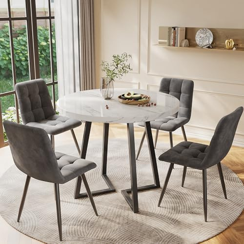 Generiskt runt matbordsset i 5 delar med sammetsstolar – köksbord Ø 80 cm, höjd 75 cm – modern matgrupp inkl. bord och 4 stolar – grå stoppning och marmorutseende – metallram