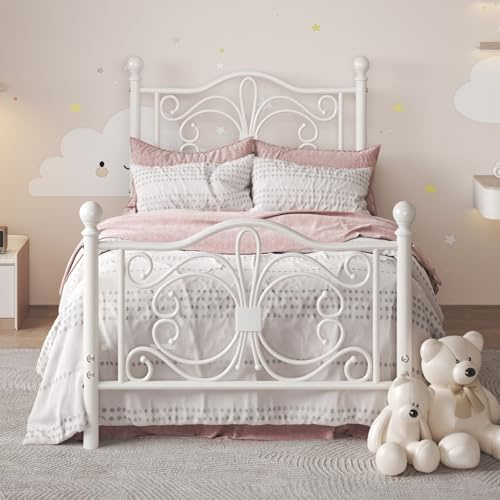 E-Motie Cadre de Lit 90x200 avec Motif Papillon Tête et Pied de Lit, Blanc | Cadre de Lit 90x200 Individuel en métal , Rangement 26,5 cm sous le Lit, Pas de Somier Nécessaire, Montage Simple, Silencieux