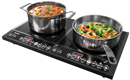 Sunvivi Portable Induction Cooktop: 2 Burners in 1, Commercial-Grade Electric Countertop Stove with LED Touchscreen, 8 Power Levels & Precise Temp Control (176°F-518°F), Independent Timer, Black