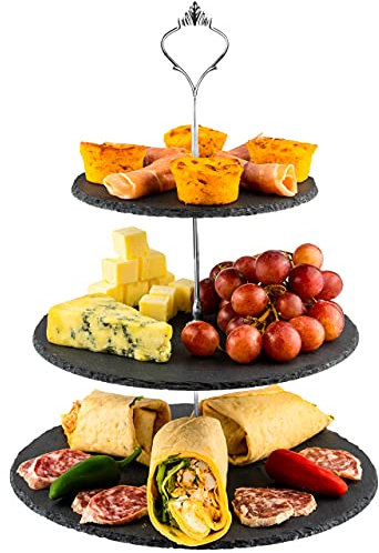 Nyxi 3 in 1 Cake Stand Afternoon Tea Serving Plate 100% Natural Slate Round Rough Edges Display with New Fittings, Can be Used as 3 Tier, 2 Tier & Single Tier Stand As Your Need (1)