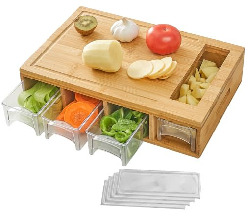 NOVAYEAH Tabla de cortar de bambú con 4 bandejas, tabla de cortar grande con contenedores, ranuras para jugos, asas de fácil agarre y apertura deslizante de alimentos, tabla de trinchar con bandejas