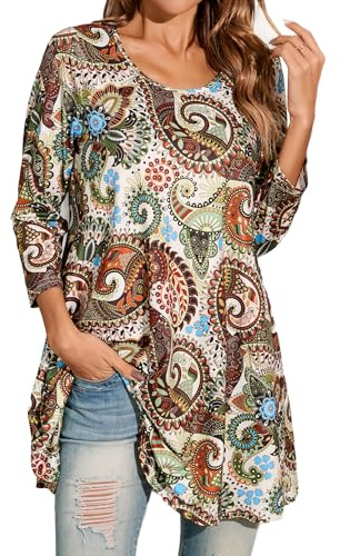 Enmain Tunique Femme Longue Chic et Elegant Tunique Femme Grande Taille Manche Longue Paisley Tuniques Fleurie Femmes à Manches 3/4 col Rond pour Automne Hiver XXL