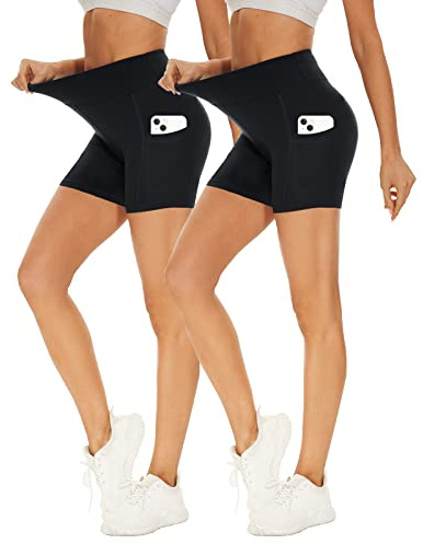 Missluck 2er Pack Radlerhose Damen Hohe Taille Kurze Sporthose Shorts Sommer Leggings Blickdicht Hotpants Unter Kleider für Yoga Sport, XXL, Schwarz/Schwarz-mit Taschen