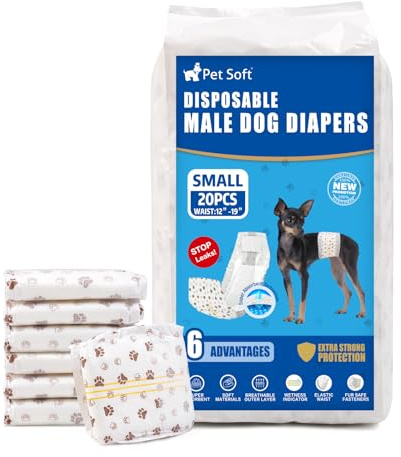 Pet Soft Couche Chien Male, Lot de 20 Couches Jetables pour Chiens Male, Super absorbantes Couche pour Chien Incontinent avec Indicateur d'humidité (S-20 Unité)