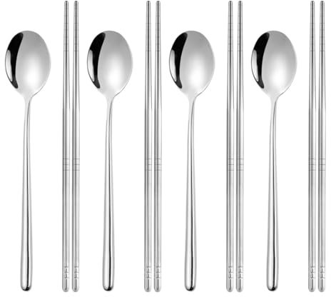 Bacchette Cinesi Riutilizzabili e Cucchiaio, 4 Coppie Bacchette Sushi in Acciaio Inox e Cucchiaio Set, Bacchette Giapponesi Lavabili in Lavastoviglie, Bacchette e Cucchiaio per Casa, Cucina (Argento)