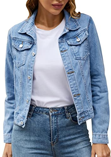 L9WEI damjeansjacka vintage jeans jacka dam höst kort övergångsjacka med knapp casual revers kura kappa, blå, S