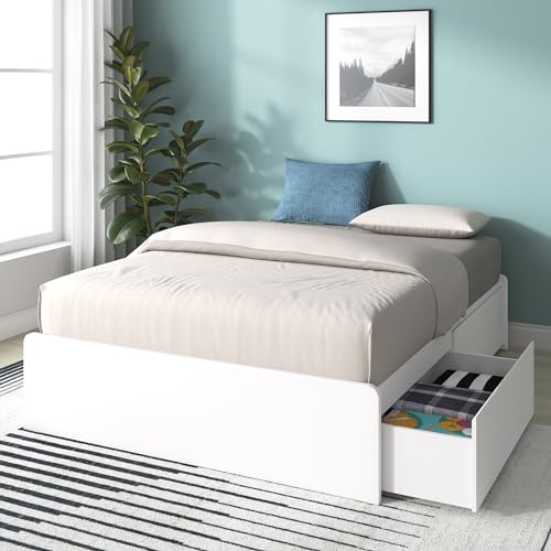 Zinus Marlow Double Bed frame - Bed 135x190 cm - 33 cm Height - Wooden Bed frame with Built-in Storage Drawers and Wood slats - White