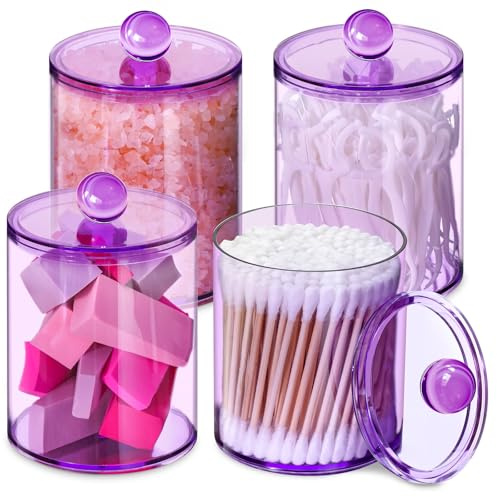 XIPENGKEJI 4 Pack Qtip Holder,Canister Apothecary Jar Set, Bathroom Jars with Lids Set for Cotton Swabs, Balls, Pads, Floss Picks,10oz-12oz Plastic Canisters Restroom Bedroom Vanity Organizer(Purple)