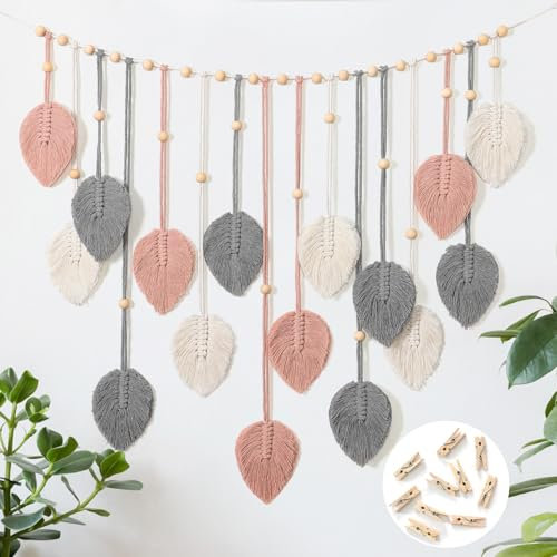 Betylifoy Tenture Murale en Macramé Tapisserie de Feuilles de Macramé Grande avec Perles en Bois Décoration Boho Décoration en Macramé pour Chambre Esthétique Décoration Murale d'Appartement (Rose)