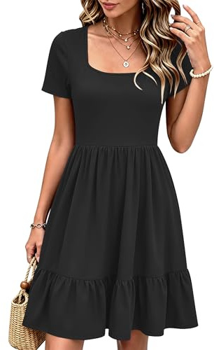 WNEEDU Femmes Robe D'été Manches Courtes Décontracté T-Shirt Robe de Plage Ourlet Plissé avec Poches