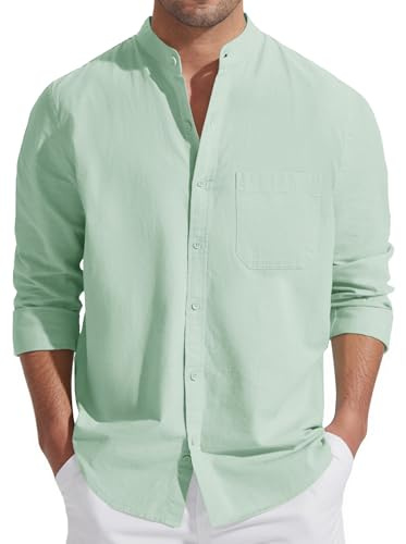 Friptspyg Camicia da Uomo in Cotone e Lino, a Maniche Lunghe, vestibilità Normale, Estiva, con Colletto Alto, per Il Tempo Libero, con Tasca, Verde Menta S