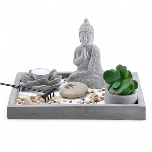 MIJOMA Figura di Buddha su piatto di cemento con portacandele, rastrello, pietre decorative e sabbia – Set giardino zen – Decorazione spirituale per pace interiore e armonia (rettangolare 25 x 18 cm)