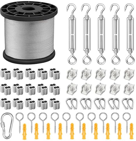 ANOMM 50M Kit de Cuerda de escalada para plantas, Cable de Acero Inoxidable Recubierto de PVC de 2mm con Tensor M5, Kit de Jardín de Alambre para Planta Trepadoras, Cercas, Luces Colgantes de Exterior