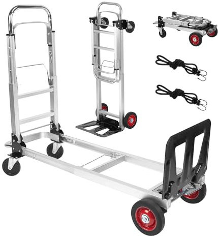 Carretilla de mano plegable de aluminio 3 en 1, capacidad de 400 libras, carrito plegable resistente con mango retráctil y 4 ruedas de goma, 2 correas de seguridad, plataforma móvil para mudanzas de