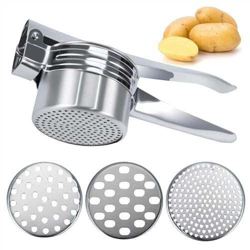 EVALAND Stainless Steel Potato Ricer and Masher - With 3 Interchangeable Disks, 15oz Heady Duty Ergonomic Potato Ricer For Mashed Potatoes Tool, Mash Potatoes Masher, Dishwasher Safe Spaetzle Maker