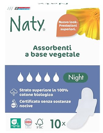 Naty Compresas Night con alas | 100% algodón orgánico certificado en contacto con la piel | Certificadas seguras | Sin perfume, 0% plástico convencional | Protección absorbente noche | 10 unidades