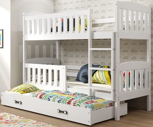Interbeds Letto a castello QUBA a 3 posti in legno massello di pino, sponda di sicurezza, rete, cassetto, bambino e adulto, separabile in 2 letti, 3 posti (bianco, 90x200)