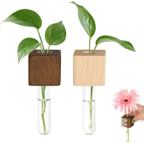 Muorruo Set of 2 Magnetic Test Tube Vases for Fridge, Wooden Magnetic Planters with Glass Tubes, Propagation Station for Hydroponics (Plant not included)