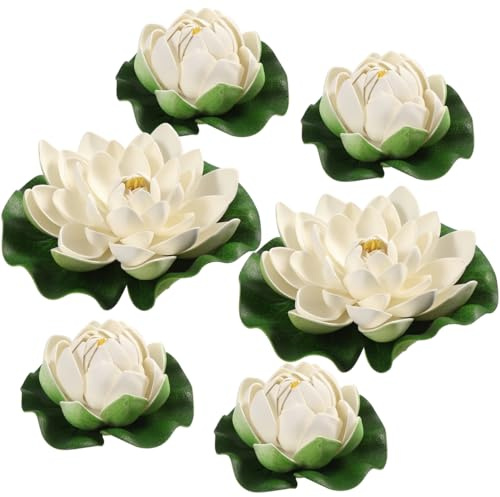 Toyvian 6pcs White Artificial Floating Lotus Flowers 7 Inch Lily Pads 2 Large(18cm) + 4 Small(10cm) Water Lily Pads Floating Pond Plants for Pond Pool Home Aquarium Garden Wedding Decor