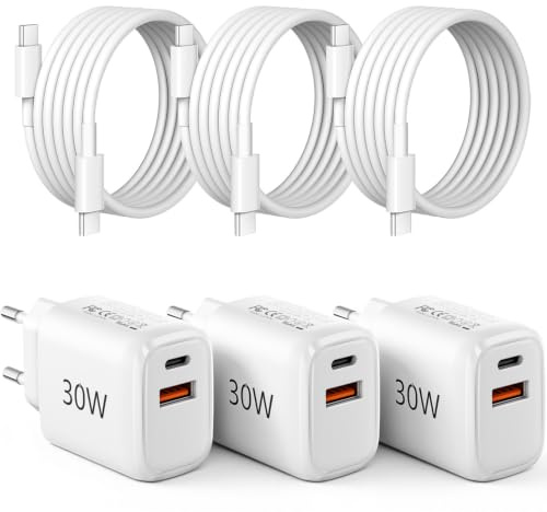 30 W USB-C-laddare och laddningskabel, 3 st 2-portars PD-snabbladdare med 2 m kabel, USB-C-kontakt, nätadapter, snabbladdare, kompatibel med iPhone 17, 16, 15, 14, 13, Samsung S25, S24/S23/S22